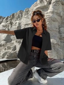 SHEIN Unity Drop Shoulder Curved Hem Shirt - Black - View 5