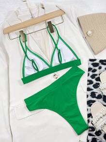 Conjunto de bikini triangular de talle alto, para vacaciones de verano en la playa - Verde - View 2