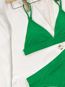 Conjunto de bikini triangular de talle alto, para vacaciones de verano en la playa - Verde - View 3