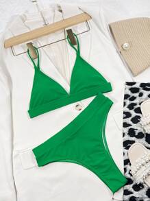 Conjunto de bikini triangular de talle alto, para vacaciones de verano en la playa - Verde - View 4