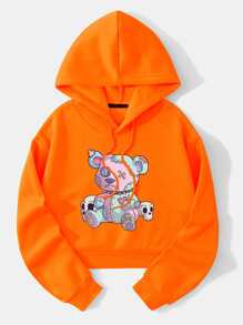 INAWLY Skull And Cartoon Graphic Thermal Lined Drawstring Hoodie - Orange - View 1