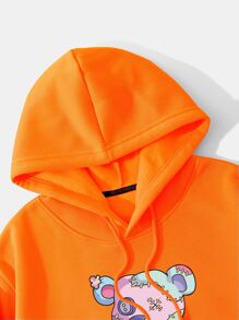 INAWLY Skull And Cartoon Graphic Thermal Lined Drawstring Hoodie - Orange - View 4