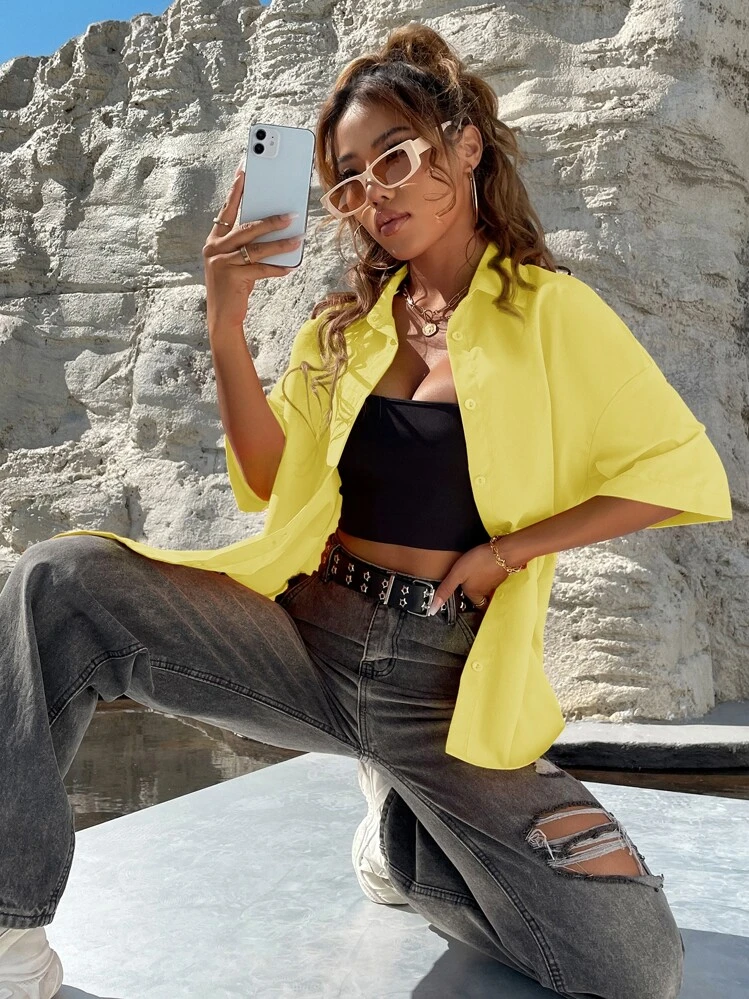 SHEIN MOOSTA ネオンイエロー ドロップショルダー カーブヘム ブラウス 