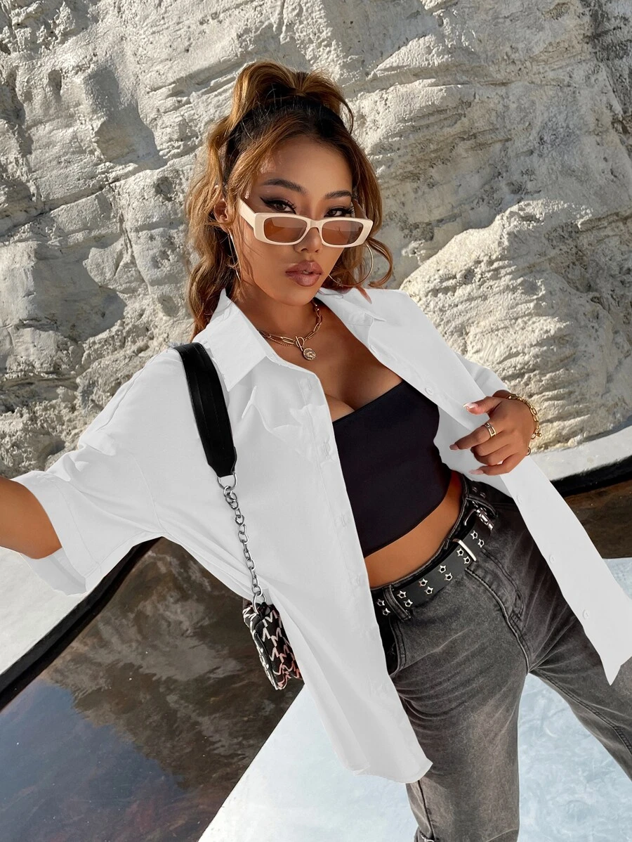 SHEIN Unity Drop Shoulder Curved Hem Shirt - White - View 1