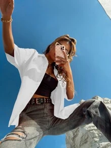 SHEIN Unity Drop Shoulder Curved Hem Shirt - White - View 3