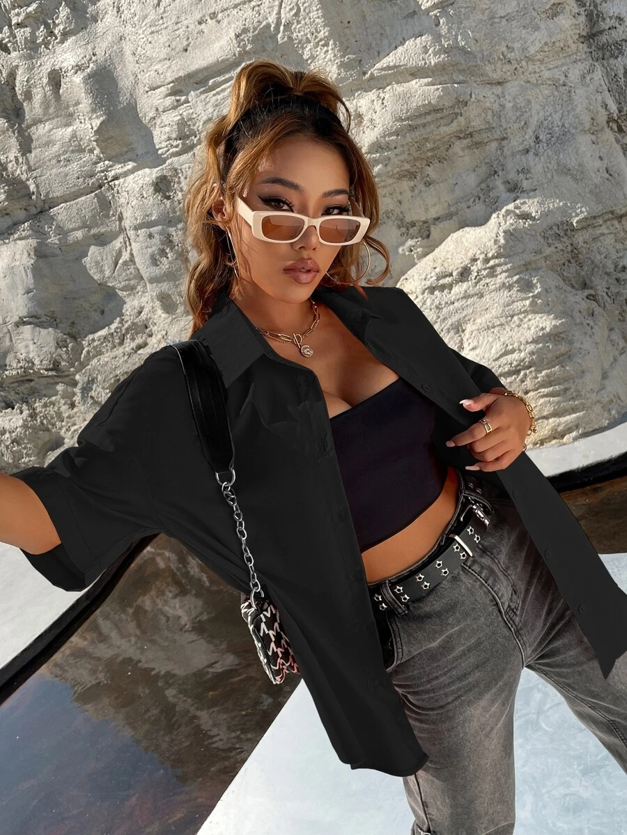 SHEIN Unity Drop Shoulder Curved Hem Shirt - Black - View 1