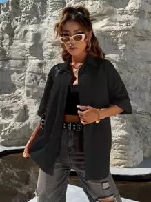 SHEIN Unity Drop Shoulder Curved Hem Shirt - Black - View 4