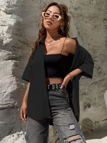 SHEIN Unity Drop Shoulder Curved Hem Shirt - Black - View 6