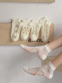 5 pares Calcetines tobilleros fresa & con patrón floral - Beis - Ver 1