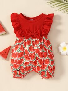 Baby Fruit Print Ruffle Trim Bow Front Romper - Red - View 1