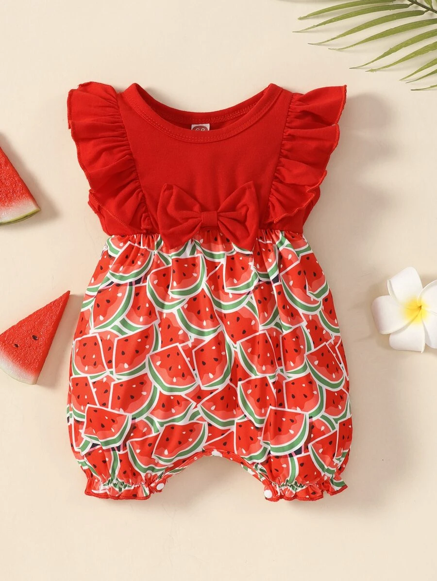 Baby Fruit Print Ruffle Trim Bow Front Romper - Red - View 1
