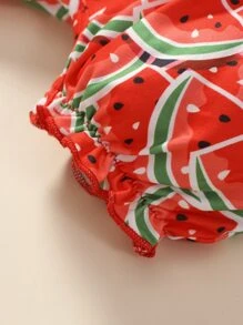 Baby Fruit Print Ruffle Trim Bow Front Romper - Red - View 5