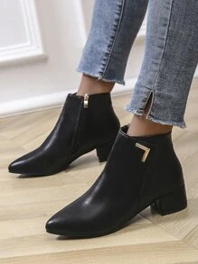 Elegant Black Solid Color Women's Fashion Boots With Metal Decorations, Pointed Toe And Thick Heels - Black - View 4