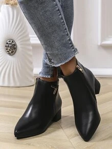 Elegant Black Solid Color Women's Fashion Boots With Metal Decorations, Pointed Toe And Thick Heels - Black - View 2