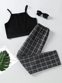 Fille Top unicolore à fines brides & Pantalon à domicile à carreaux