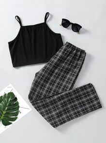 Fille Top unicolore à fines brides & Pantalon à domicile à carreaux