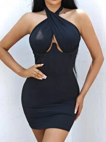 SHEIN SXY Cut Out Halter Neck Backless Bustier Bodycon Dress - Black - View 1