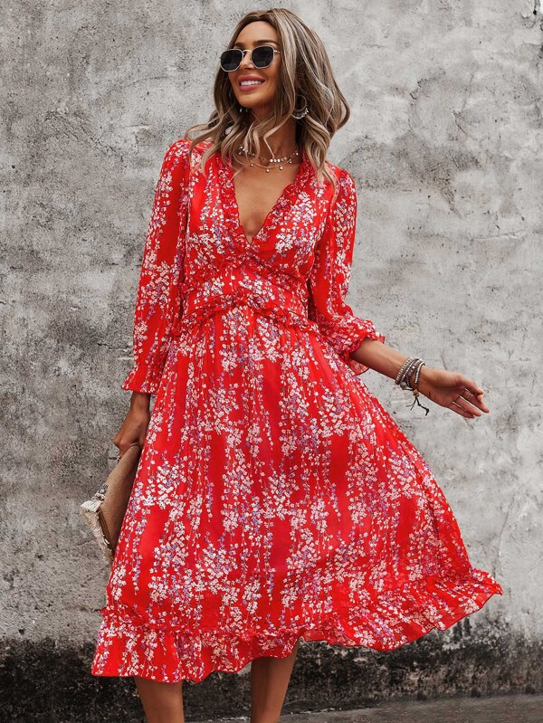 Breezaya Ditsy Floral Deep V-Neck Ruffle Hem Dress For New Year Clothes Maxi Vacation Beach Outfits Women Fall Cloth For Women