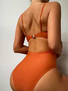 SHEIN Swim Summer Beach Cut-Out Ruched One Piece Swimsuit Bathing Suit - Burnt Orange - View 6