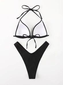 Skull Rhinestone Studded Halter High Cut Bikini - Black - View 3