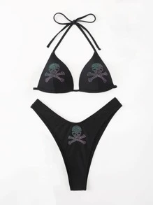 Skull Rhinestone Studded Halter High Cut Bikini - Black - View 4