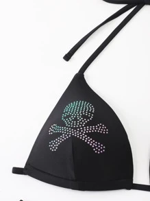 Skull Rhinestone Studded Halter High Cut Bikini - Black - View 5