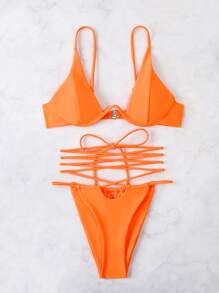 Lace Up Underwire Bikini Set, Summer Beach Bathing Suit - Orange - View 3