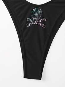 Skull Rhinestone Studded Halter High Cut Bikini - Black - View 6