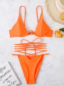 Lace Up Underwire Bikini Set, Summer Beach Bathing Suit - Orange - View 4