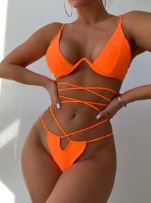 Lace Up Underwire Bikini Set, Summer Beach Bathing Suit - Orange - View 5