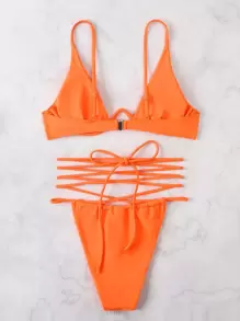 Lace Up Underwire Bikini Set, Summer Beach Bathing Suit - Orange - View 6