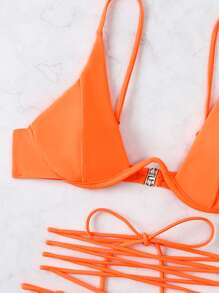 Lace Up Underwire Bikini Set, Summer Beach Bathing Suit - Orange - View 7