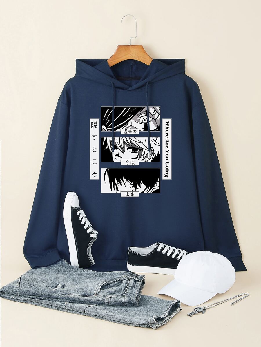 Men Japanese Letter & Figure Graphic Drawstring Hoodie - Navy Blue - View 1