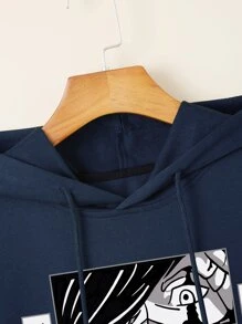 Men Japanese Letter & Figure Graphic Drawstring Hoodie - Navy Blue - View 4