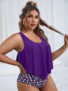 SHEIN Swim Curve Summer Beach Plus Leopard Print Tankini Set Double Adjustable Strap Flowy Top & High Waisted Bottom 2 Piece Bathing Suit - Purple - View 4