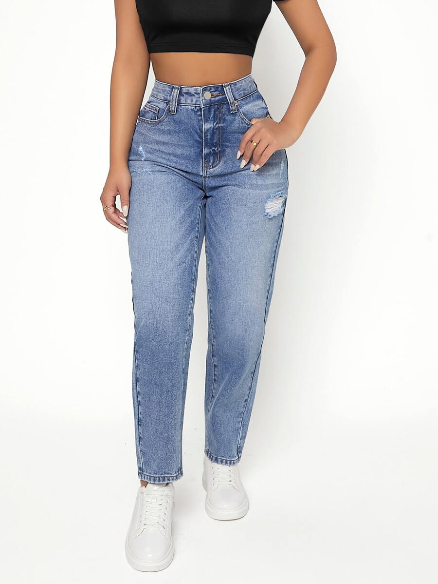 SHEIN PETITE Ripped Frayed Bleach Wash High Waist Jeans - Light Wash - View 1
