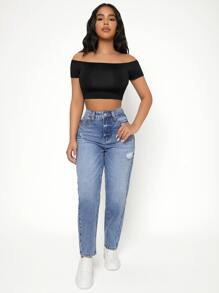 SHEIN PETITE Ripped Frayed Bleach Wash High Waist Jeans - Light Wash - View 3