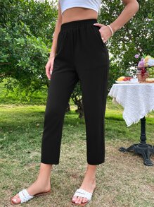 SHEIN LUNE Elastic Waist Slant Pockets Cropped Trousers - Black - View 3