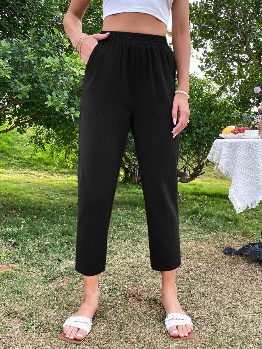 SHEIN LUNE Elastic Waist Slant Pockets Cropped Trousers - Black - View 1