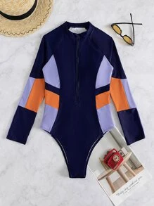 Swim SPRTY 撞色插肩袖前拉鏈連體泳衣 - 彩色 - 查看 4