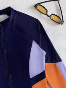 Swim SPRTY 撞色插肩袖前拉鏈連體泳衣 - 彩色 - 查看 5