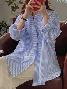 豎條紋落肩袖超大襯衫 - 淺藍色 - 查看 3