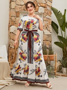 Mulvari Plus Floral Print Ruffle Hem Belted Dress - Multicolor - View 1