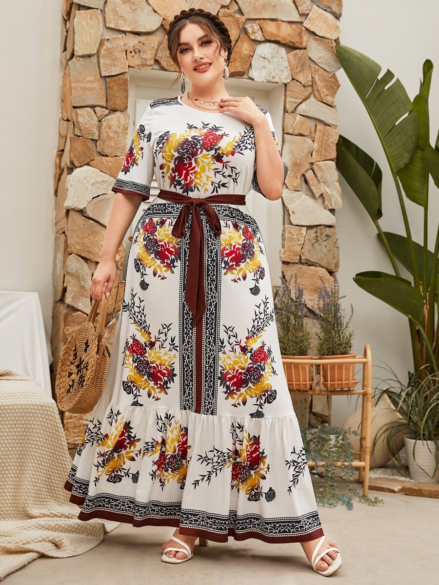 Mulvari Plus Floral Print Ruffle Hem Belted Dress - Multicolor - View 1