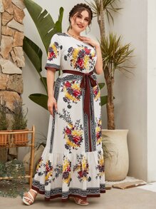 Mulvari Plus Floral Print Ruffle Hem Belted Dress - Multicolor - View 3