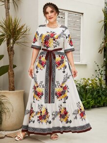 Mulvari Plus Floral Print Ruffle Hem Belted Dress - Multicolor - View 4