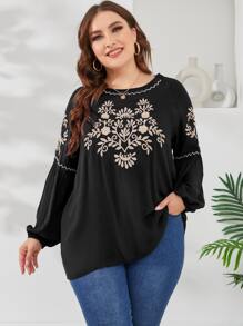 Mulvari Plus Chevron & Floral Embroidery Lantern Sleeve Blouse - Black - View 1