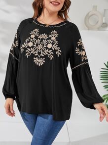 Mulvari Plus Chevron & Floral Embroidery Lantern Sleeve Blouse - Black - View 5