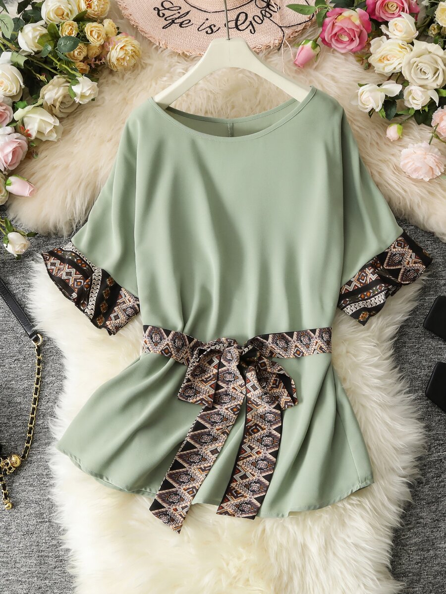 SHEIN LUNE Áo sơ mi Plus Size Thắt lưng Hình học Giải trí - Màu xanh Bạc hà - Xem 1