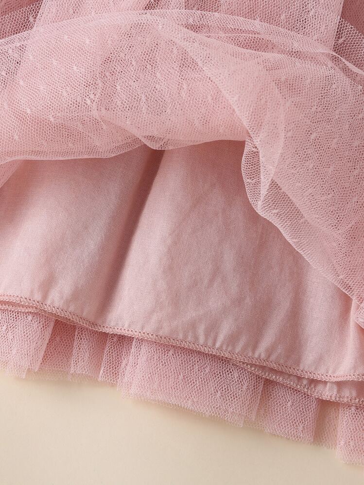 SHEIN Niñitas Vestido de manga mariposa con lazo delantero bajo con malla - Rosa - Añade 4